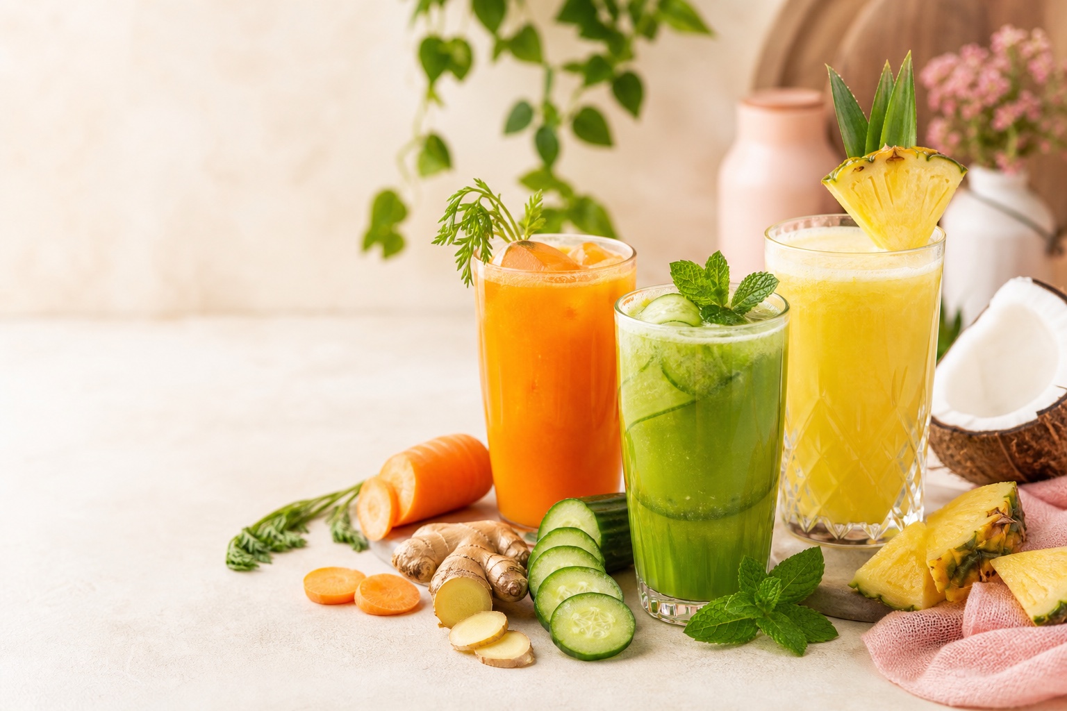 Jus maison orange, vert et ananas coco