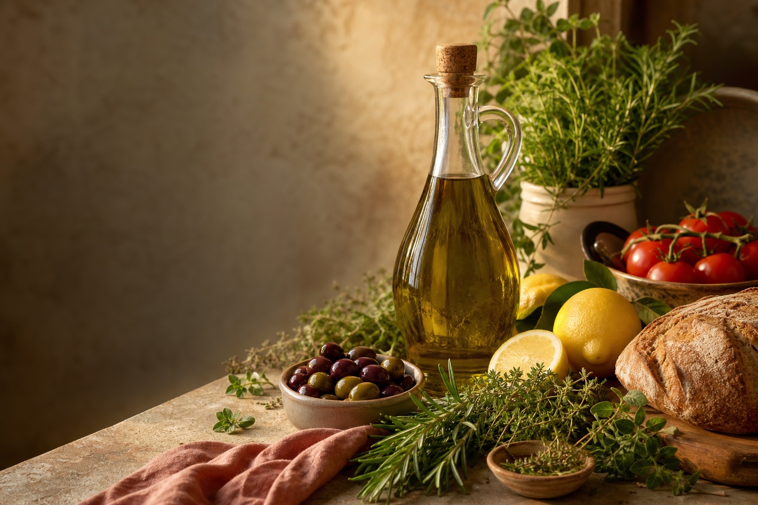 Huile d’olive, herbes fraîches, citron, tomates et olives