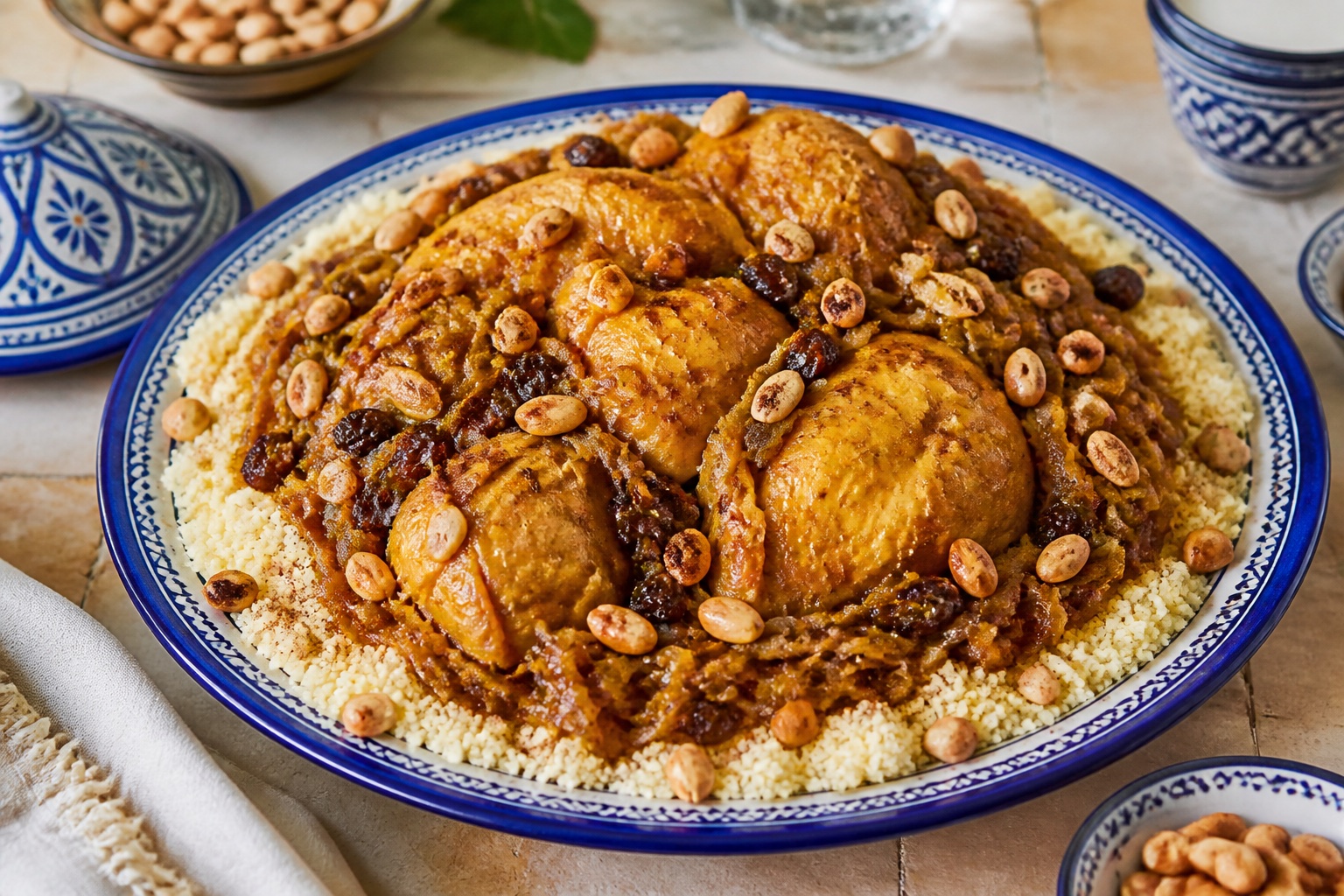 Couscous marocain tfaya au poulet, oignons confits et raisins