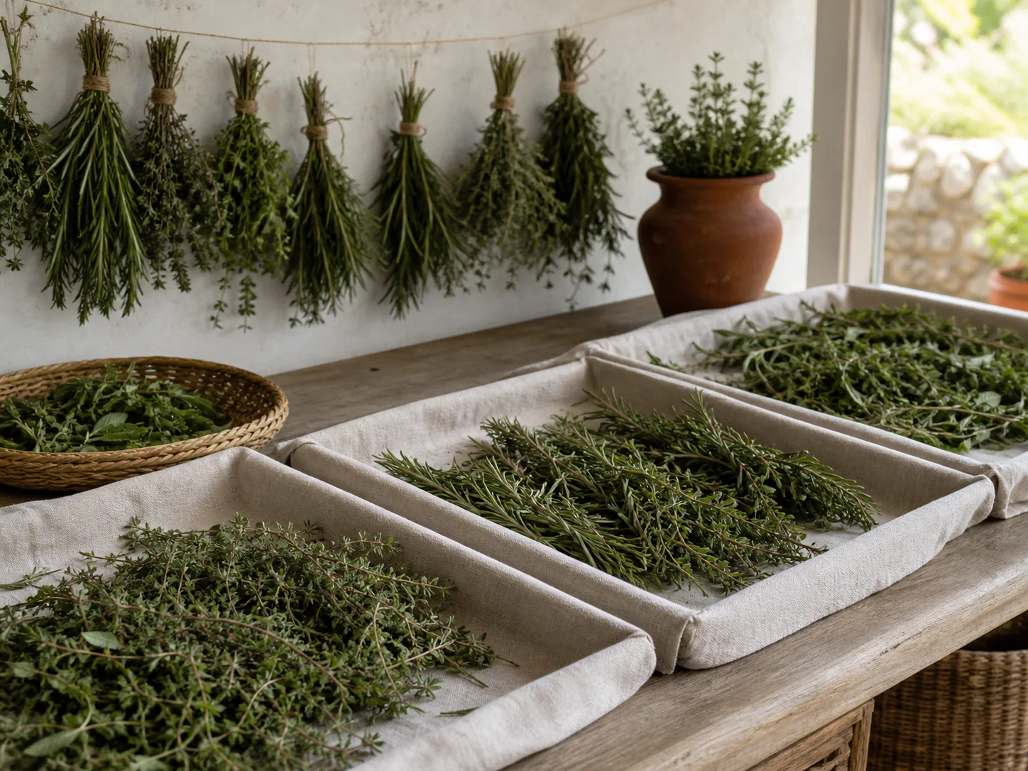 Thym, romarin, origan et sarriette séchant à l’ombre sur des claies en tissu