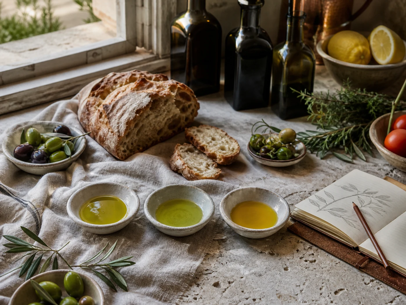 Trois huiles d’olive dégustées avec du pain, des olives, du citron et des herbes